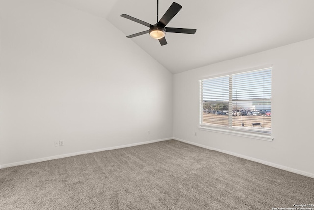 unfurnished room with carpet, high vaulted ceiling, and ceiling fan