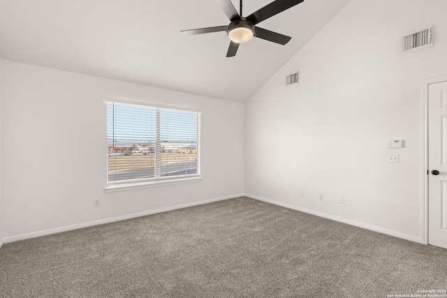 empty room featuring high vaulted ceiling, carpet floors, and ceiling fan