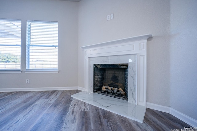 details with hardwood / wood-style flooring and a fireplace