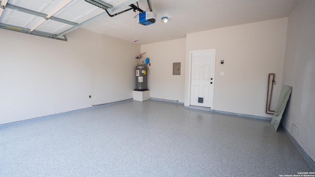 8835 Golden Eye, San Antonio, TX 78245 - garage featuring water heater, electric panel, a garage door opener, and baseboards