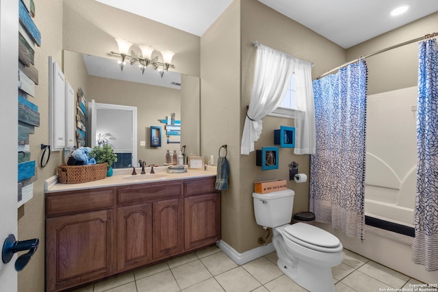 full bathroom with vanity, shower / tub combo, tile patterned floors, and toilet