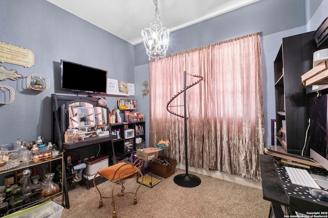 interior space featuring an inviting chandelier and carpet floors