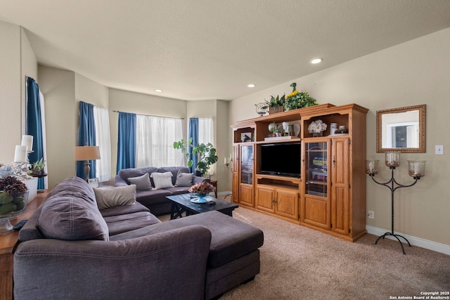 living room with light colored carpet