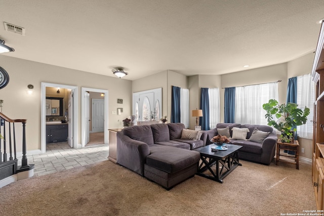 carpeted living room with a textured ceiling