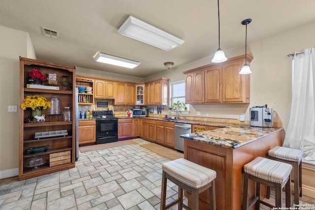 kitchen with a breakfast bar area, dark stone counters, hanging light fixtures, kitchen peninsula, and stainless steel appliances