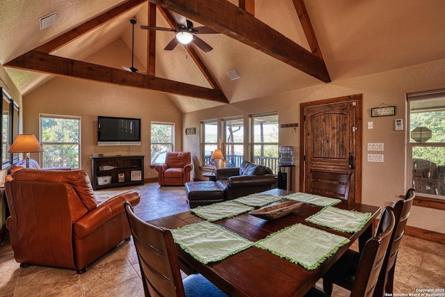 dining space with ceiling fan, vaulted ceiling with beams, a wealth of natural light, and a textured ceiling