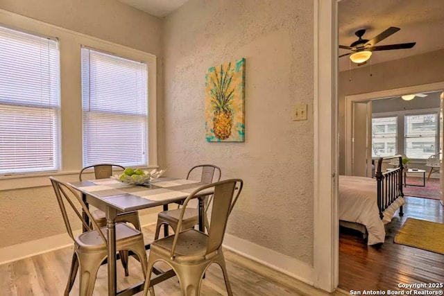 dining area featuring ceiling fan and wood-type flooring