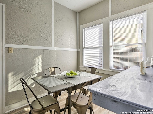 dining space with plenty of natural light and wood-type flooring