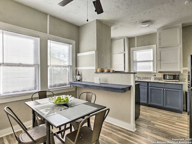 kitchen featuring ceiling fan, light wood-type flooring, a textured ceiling, and gray cabinetry