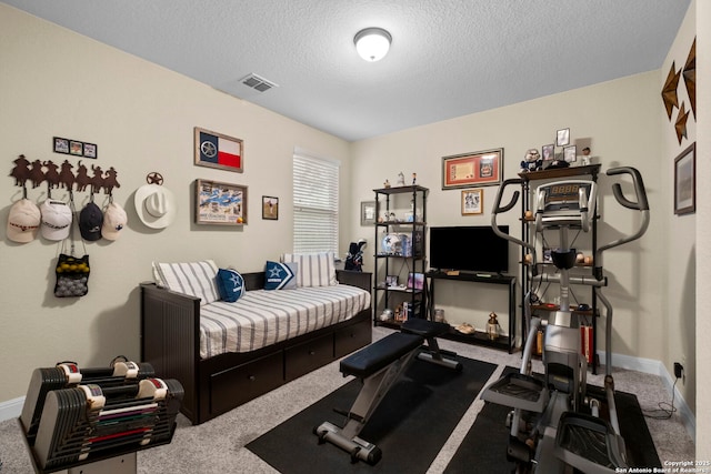 workout area featuring carpet floors and a textured ceiling