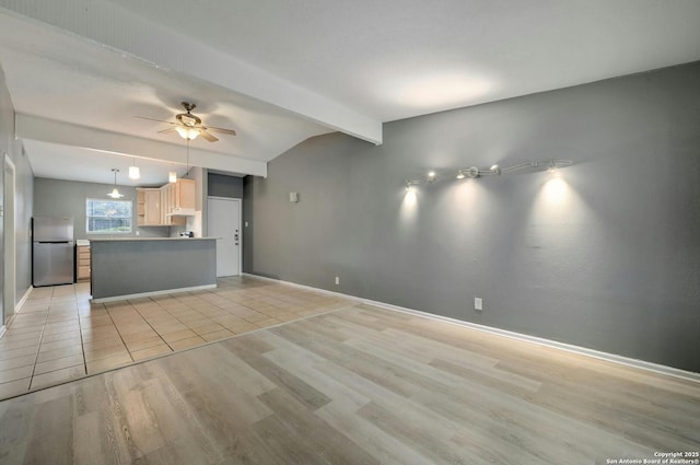 unfurnished living room featuring lofted ceiling with beams, ceiling fan, and light wood-type flooring