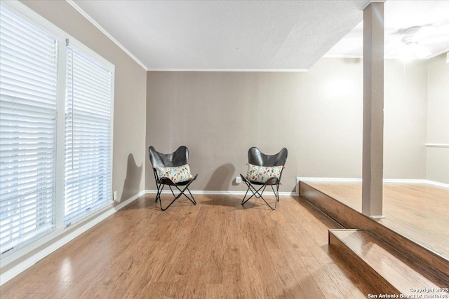 living area featuring crown molding and light hardwood / wood-style floors