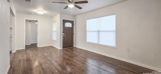 entrance foyer featuring ceiling fan and dark hardwood / wood-style flooring