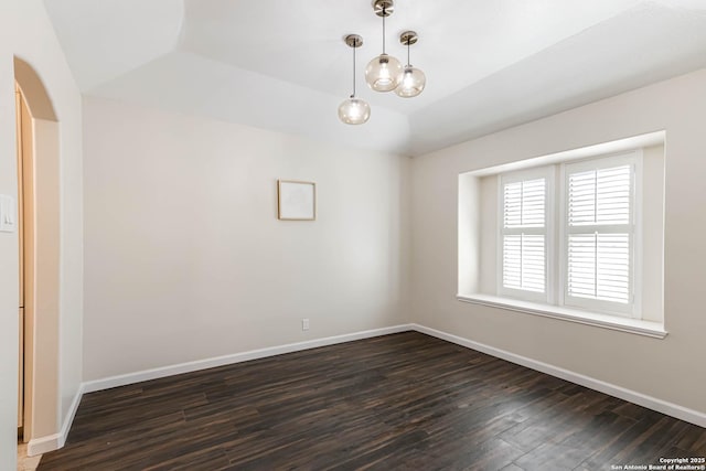 spare room with a raised ceiling, vaulted ceiling, and dark hardwood / wood-style flooring