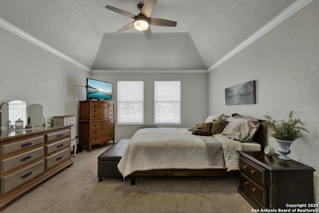 carpeted bedroom with a textured ceiling, vaulted ceiling, and ceiling fan