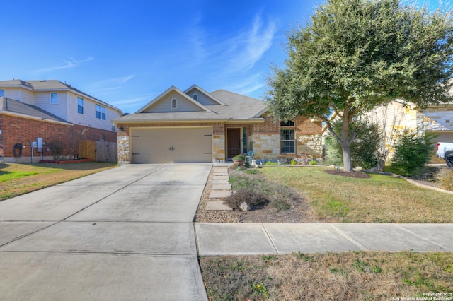 ranch-style house with a garage and a front yard