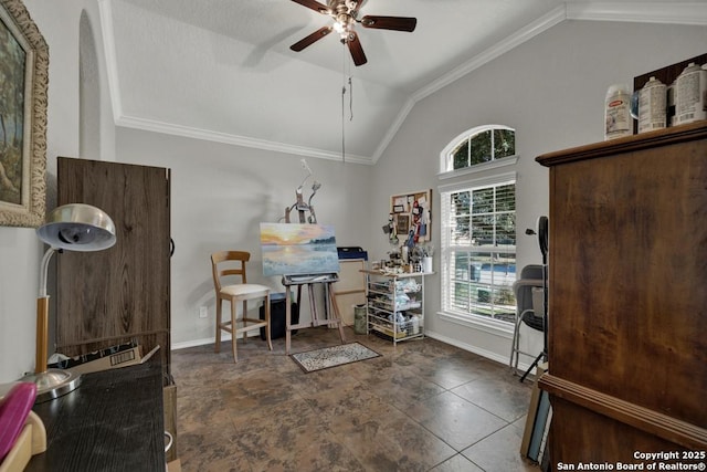 interior space featuring vaulted ceiling and ceiling fan