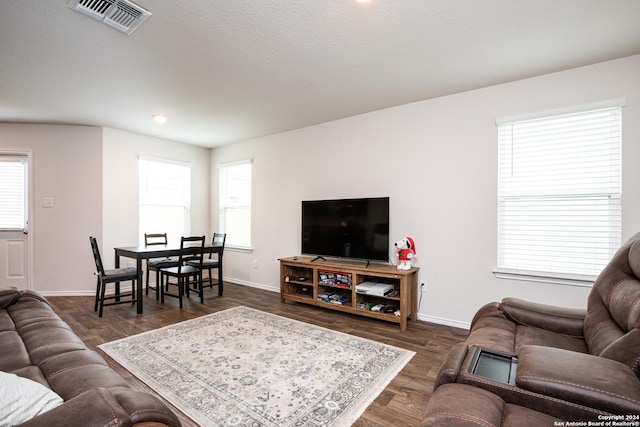 living room with dark hardwood / wood-style floors