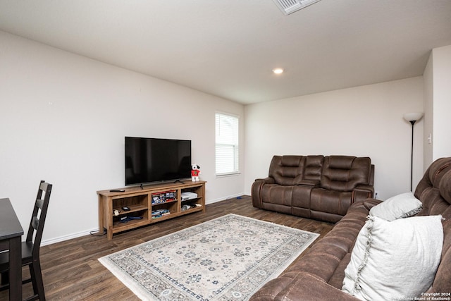 living room featuring dark wood-type flooring