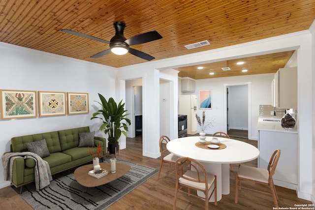 living room featuring dark wood-type flooring, sink, wood ceiling, ornamental molding, and ceiling fan