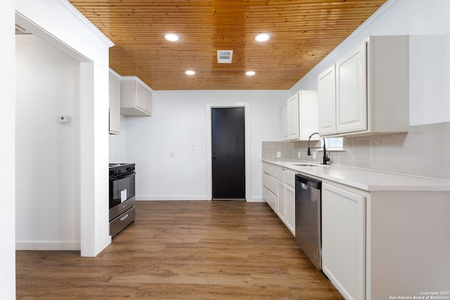 kitchen with sink, white cabinetry, range, wooden ceiling, and backsplash