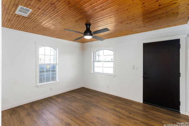 unfurnished room featuring wood ceiling, ceiling fan, and dark hardwood / wood-style flooring