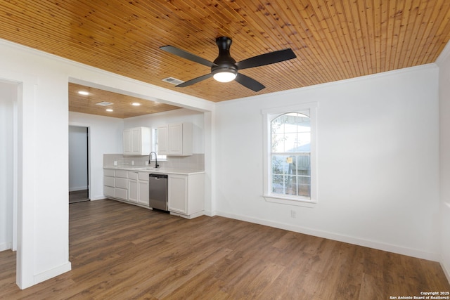 kitchen with sink, wood ceiling, backsplash, white cabinets, and stainless steel dishwasher