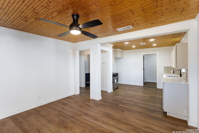 unfurnished living room with dark wood-type flooring, sink, wooden ceiling, ornamental molding, and ceiling fan