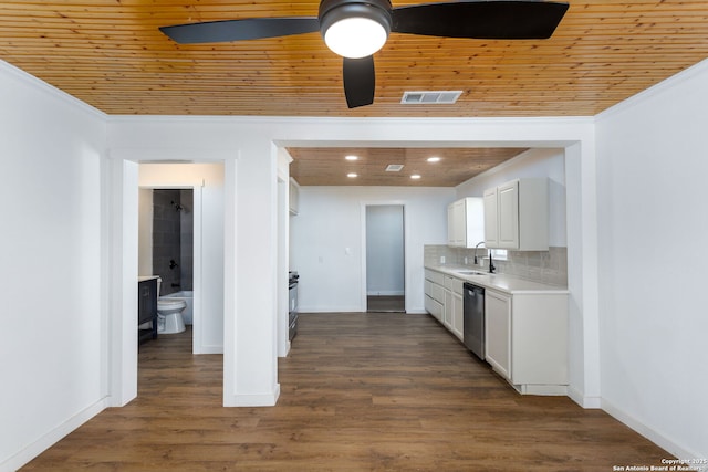 kitchen with sink, stainless steel dishwasher, wooden ceiling, and decorative backsplash