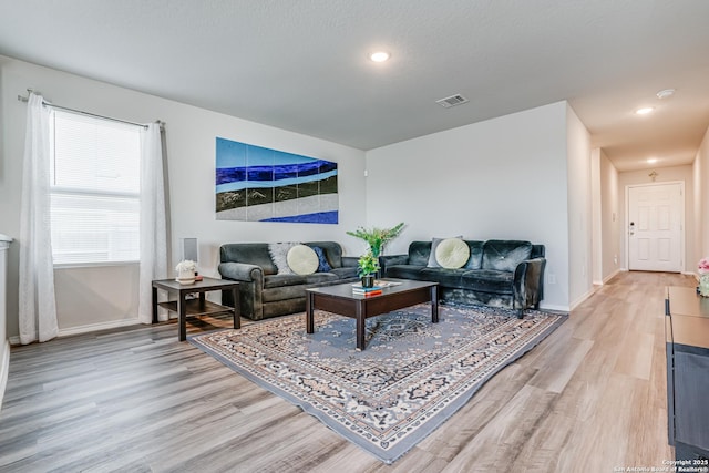 living room with a textured ceiling and light wood-type flooring