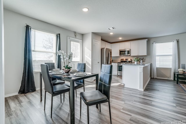 dining space with a wealth of natural light, a textured ceiling, and light wood-type flooring