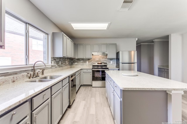 kitchen featuring sink, gray cabinetry, appliances with stainless steel finishes, a kitchen island, and backsplash