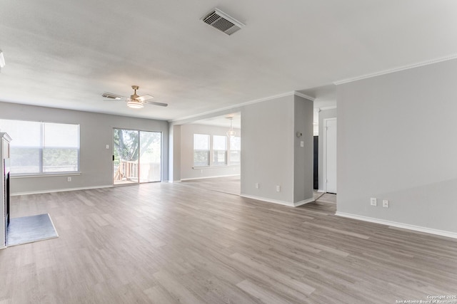 unfurnished living room featuring ornamental molding, light hardwood / wood-style floors, and ceiling fan