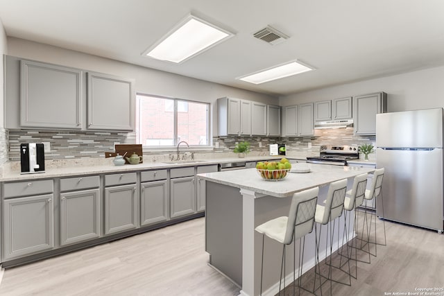 kitchen with a breakfast bar, sink, light hardwood / wood-style flooring, appliances with stainless steel finishes, and a kitchen island