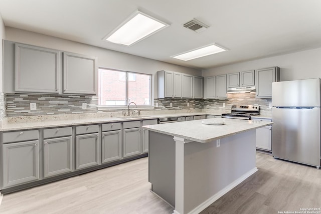 kitchen featuring sink, appliances with stainless steel finishes, gray cabinetry, a kitchen island, and light wood-type flooring