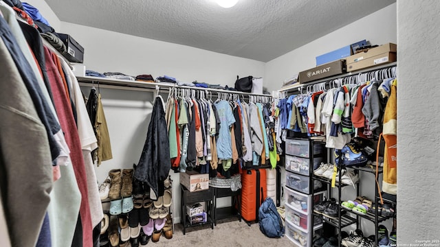 walk in closet with carpet floors