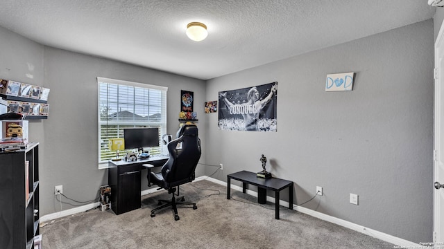 office with a textured ceiling and carpet flooring