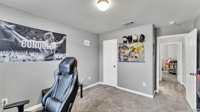 office area featuring carpet flooring and a textured ceiling