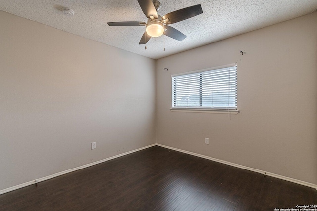 unfurnished room with dark hardwood / wood-style flooring, a textured ceiling, and ceiling fan