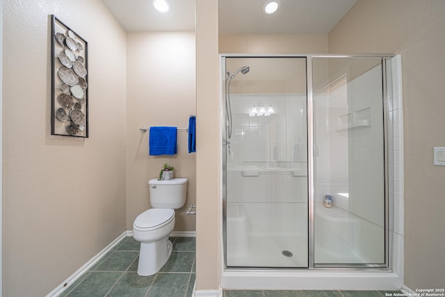 bathroom featuring an enclosed shower, tile patterned flooring, and toilet