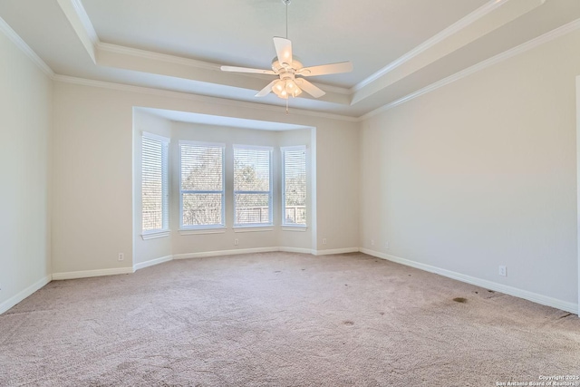 carpeted empty room with ceiling fan, ornamental molding, and a raised ceiling