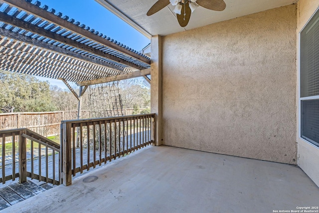 exterior space with ceiling fan and a pergola