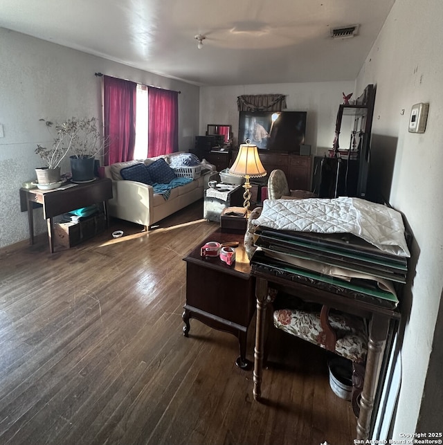 living room with dark hardwood / wood-style floors