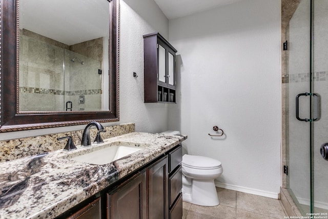 bathroom with tile patterned floors, vanity, toilet, and an enclosed shower