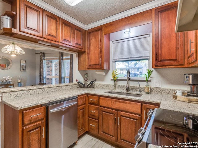 kitchen with sink, ornamental molding, stainless steel appliances, light stone countertops, and a textured ceiling