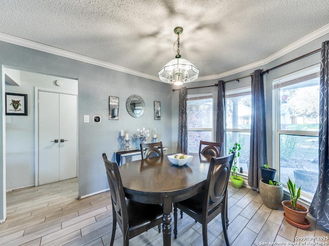 dining area with crown molding, a chandelier, and a textured ceiling