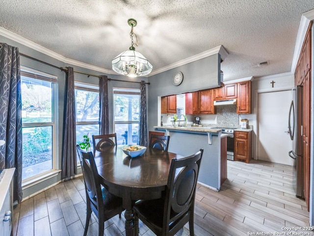 dining area with sink, ornamental molding, light hardwood / wood-style floors, and a textured ceiling