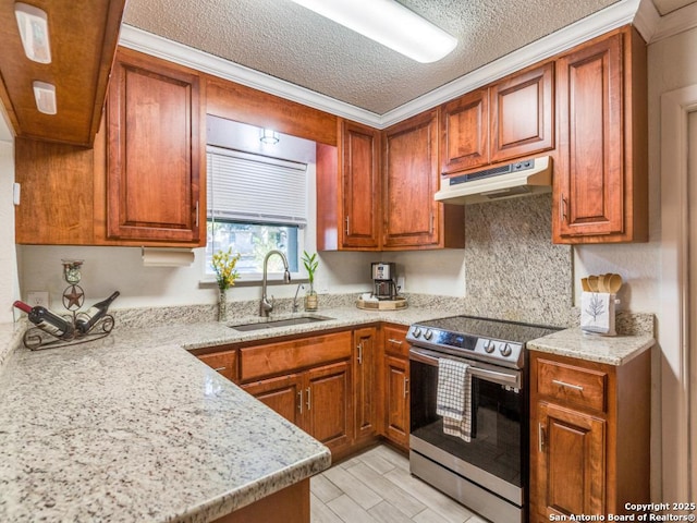 kitchen with sink, a textured ceiling, electric range, ornamental molding, and light stone countertops