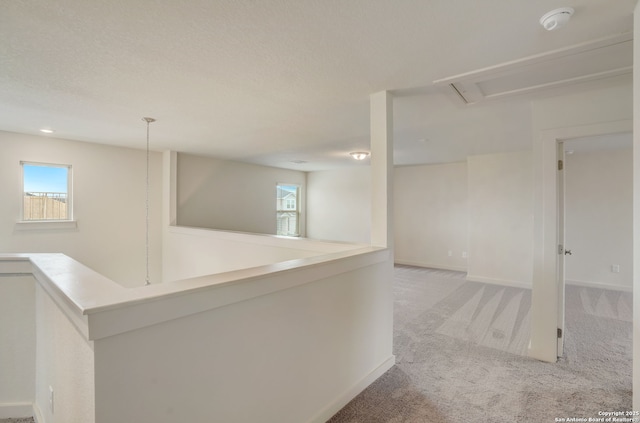 corridor with plenty of natural light, light colored carpet, and a textured ceiling