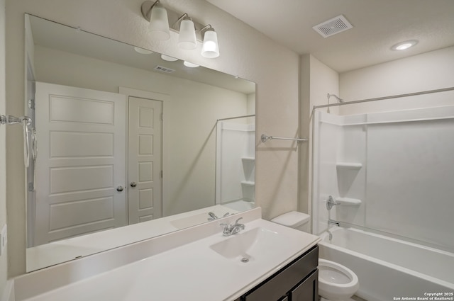 full bathroom featuring vanity, toilet, and tub / shower combination